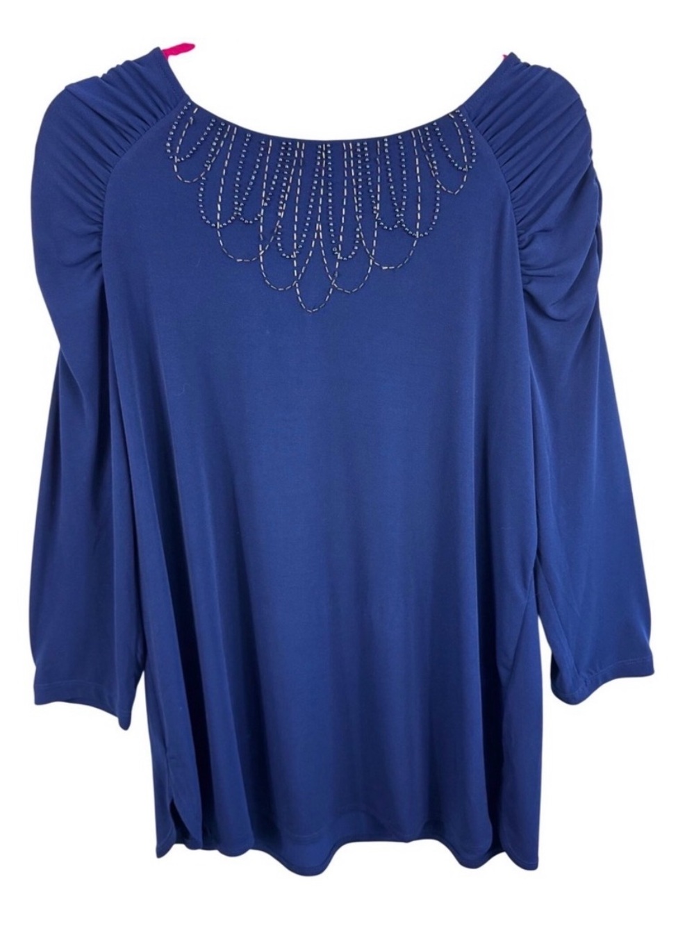 Susan Graver Artisan Navy Blue Beaded Liquid Knit Ruched 3/4 Sleeve Top Large